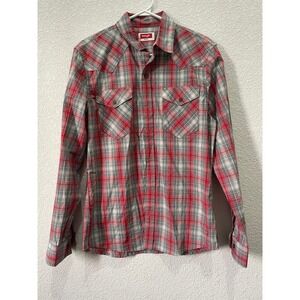 Wrangler Mens Plaid Western‎ Shirt Small Red Gray Long Sleeve Button Down